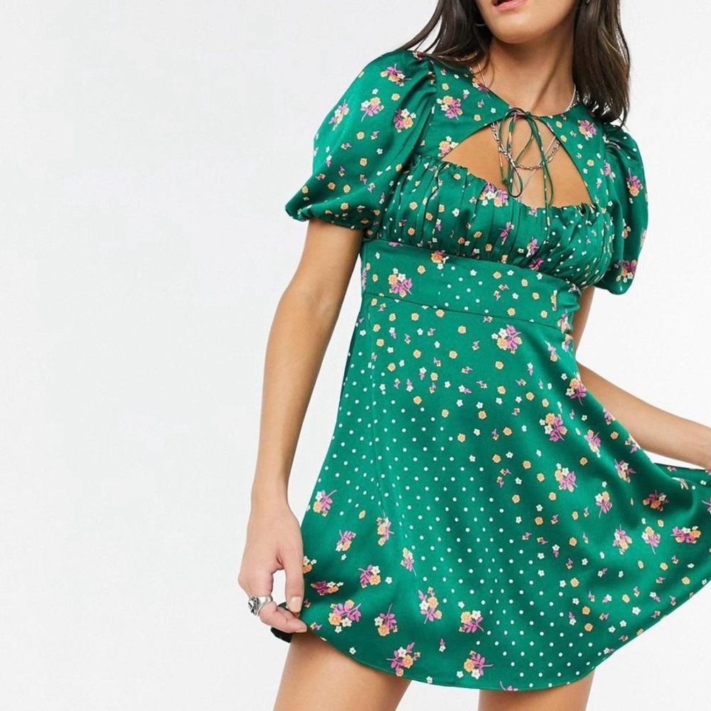 For Love And Lemons Green Ruffled Tie Front Mini Dress